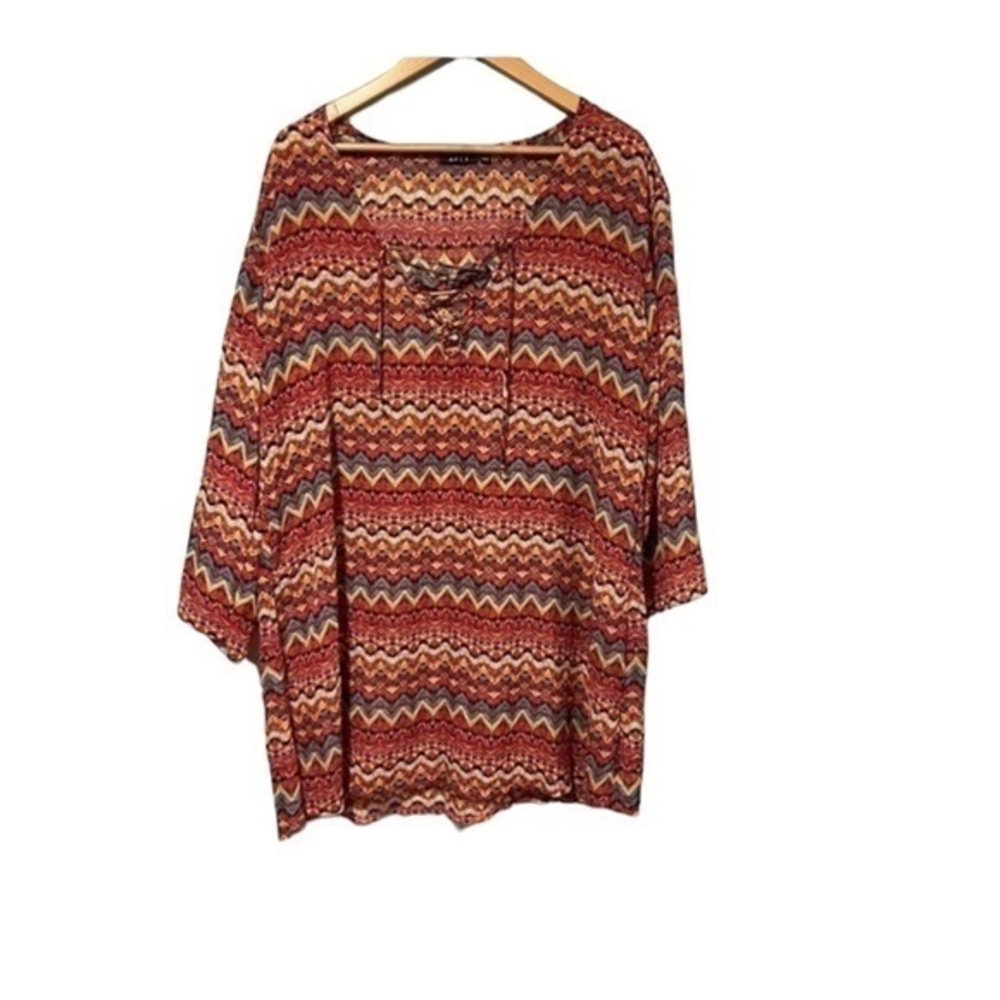 Apt. 9 XXL Women Multicolor Chevron Zigzag Lace Up V-Neck 3/4 Sleeve Tunic‎ #203
